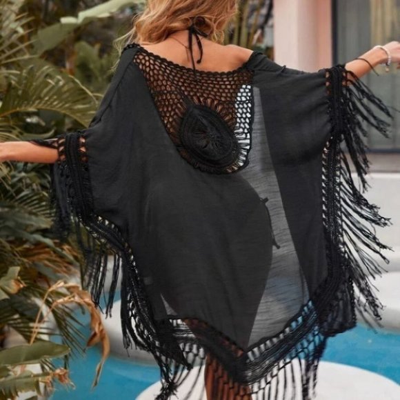 Boho Floral Print Sheer Kimono Beach cover up Black - Picture 3 of 8